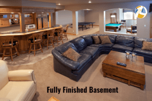 An image of a fully finished basement with recessed lighting, plush carpeting, and comfortable seating arranged around a large screen television