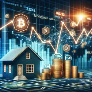 Conceptual graphic representing the 2023 real estate market, featuring a fluctuating graph symbolizing mortgage rate changes and a house under construction, indicative of the housing market. Prominently displayed in the background is an intricate network of interconnected digital blocks, representing the integration of blockchain technology in the real estate industry