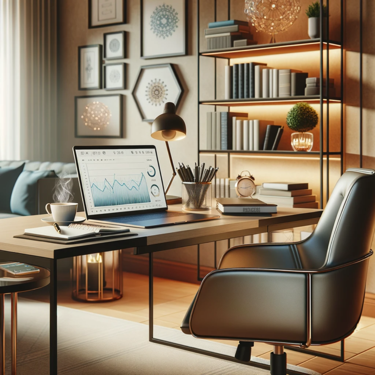 A sophisticated home office setup with a contemporary desk featuring an open laptop displaying financial graphs, a notepad and pen, and a cup of coffee. The background includes a well-lit bookshelf with various books and decorative items.